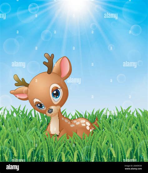 Vector illustration of Cute baby deer cartoon in the grass on a ...