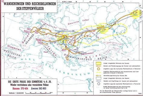 German map showing migration of the Huns (375-454) and Avars (562-803 ...