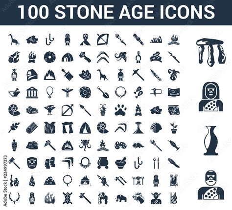 100 Stone Age universal icons set with Troglodyte, Pottery, Dolmen, Bonfire, Saber toothed tiger ...