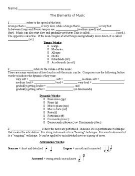 Elements of Music Worksheet by Miss Zych's Music Classroom | TpT