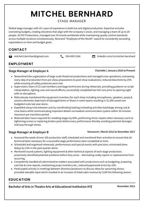 Stage Manager Resume (CV) Example and Writing Guide