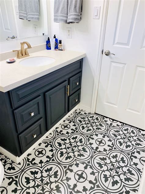 Black and white tile I Geometric Tile I Bathroom renovation I Painted Bathroom Vanity I Merola T ...