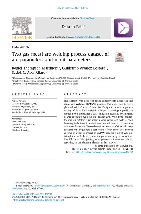 (PDF) Two Gas Metal Arc Welding process dataset of arc parameters and input parameters.