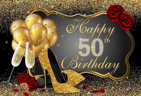 Gold Balloon Happy 50th Birthday Rose Sequins backgrounds Vinyl cloth High quality Computer ...