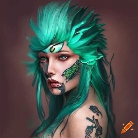 Ancient warrior prices, long green hair, emerald and turquoise irises, face tattoos