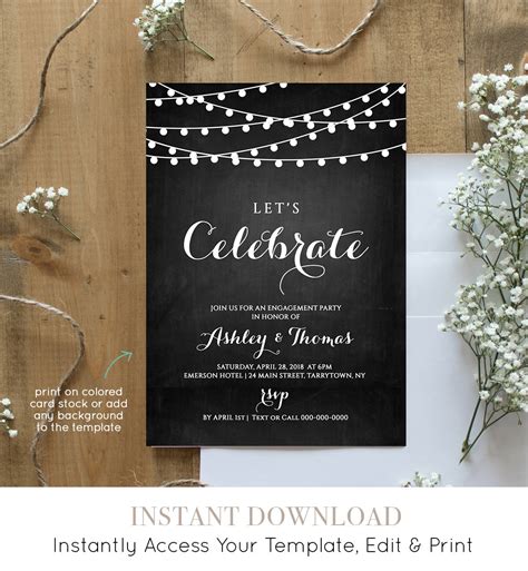 Engagement Party Invitation Template, Printable Engagement Announcement, String Lights, 100% ...