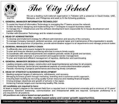 Jobs in The City School Lahore 2021 - Latest Jobs In Pakistan