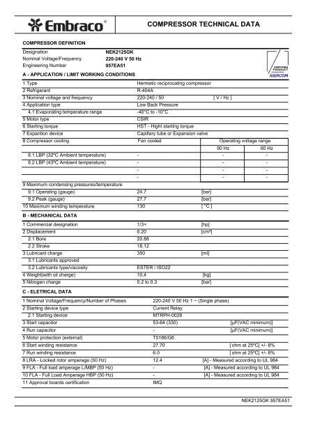 NEK2125GK 957EA51 EN12900 CSIR - Embraco