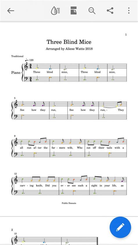 Three Blind Mice Easy Piano Sheet Music. Colour Coded. » Petagadget