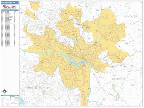 Richmond Virginia Zip Code Wall Map (Basic Style) by MarketMAPS