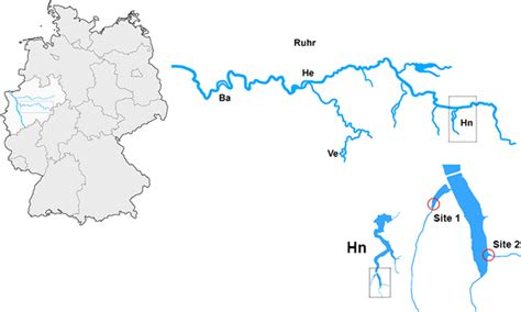 Map of Germany indicating sampling sites along the Ruhr River system ...