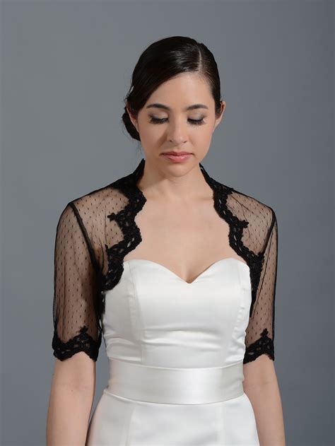 Black elbow length bridal dot lace wedding bolero jacket Lace_081