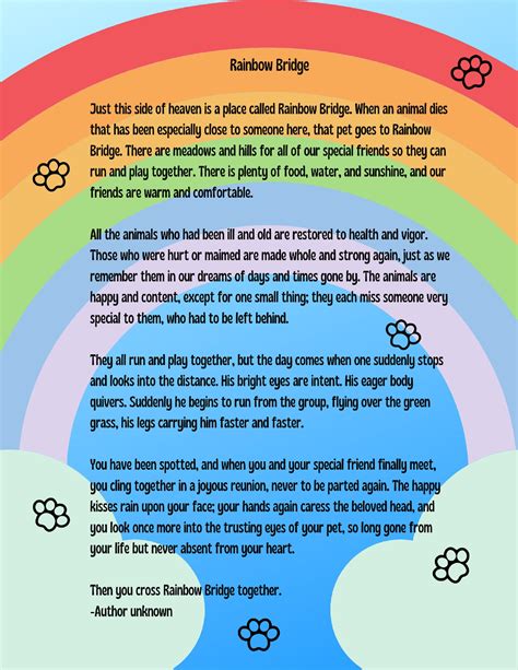 Rainbow Bridge Poem Colorful Rainbow With Paw Prints 8.5 X 11 Inch ...