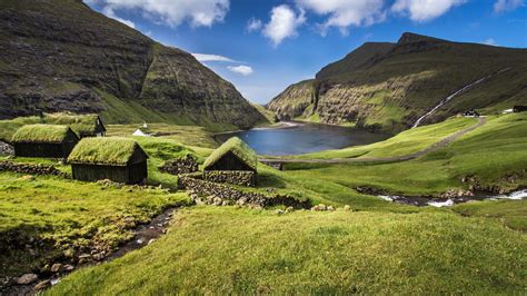 Wallpaper : Faroe Islands, house, mountains, lake, rocks, water, Denmark, clouds, sky 1920x1080 ...