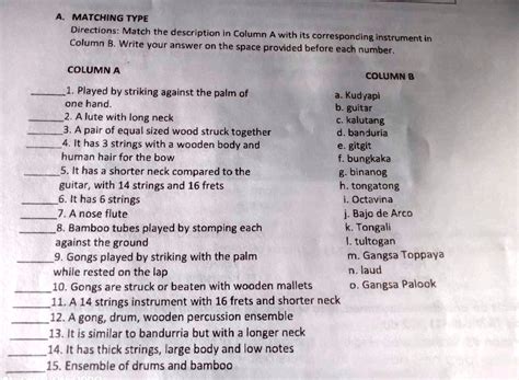 SOLVED: 'A. MATCHING TYPE Directions: Match the description in Column A with its corresponding ...