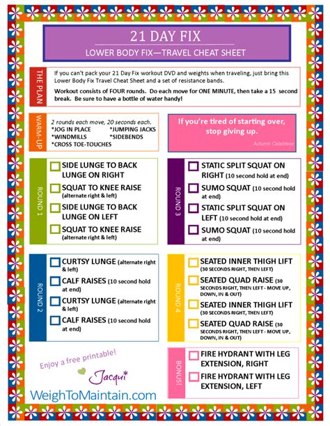 21 Day Fix Workout - Lower Body Fix Printable PDF - Travel Cheat Sheet ...