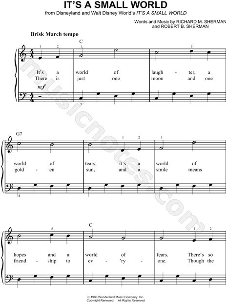 Disneyland Chorus "It's a Small World" Sheet Music (Easy Piano) in C ...