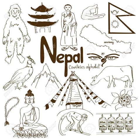 Fun colorful sketch collection of Nepal icons, countries alphabet ...