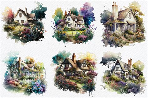 Watercolor Cottage, floral clip art, png. Digital watercolor. Free com