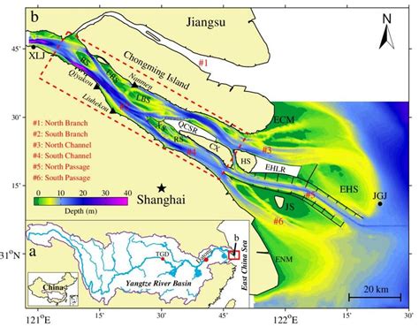 (a) Map of the Yangtze River Basin; (b) map of the Yangtze Estuary with ...