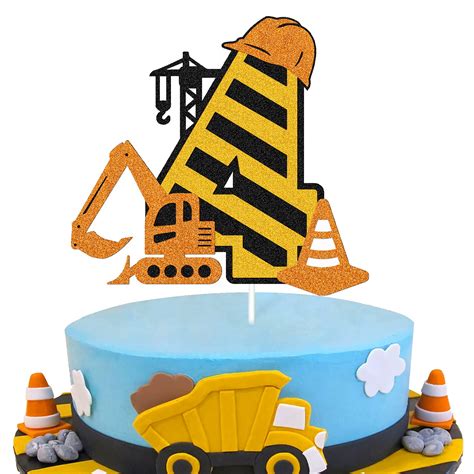 Buy Construction 4th Birthday Cake Topper for Kids Boy Girl Truck Excavator Forklift Dump ...