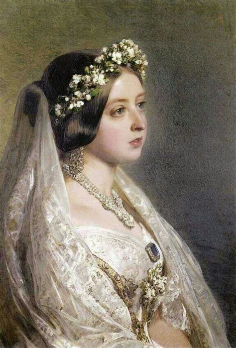 Wedding Day. Queen Victoria in a beautiful ivory and gold wedding dress, with a flower crown ...