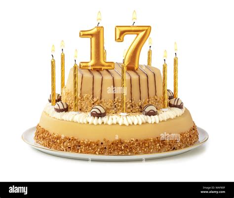 Festive cake with golden candles - Number 17 Stock Photo - Alamy