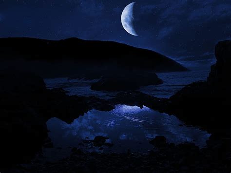 720P free download | DARK BLUE OCEAN NIGHT, stars, moon, mountains ...