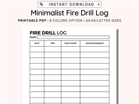 Business Fire Drill Log Printable, Organization, Fire Drill Practice, Daycare Fire Drill Log ...