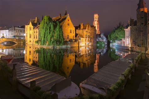 Rozenhoedkaai Canal at Night, Bruges, Belgium Stock Photo - Image of ...