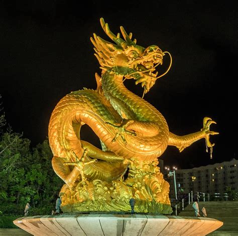 phuket, thailand, golden dragon sculpture, illuminated, night, art ...