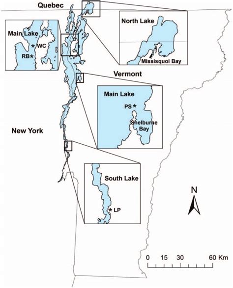 Map of Lake Champlain, with enlarged areas showing study sites. Adult... | Download Scientific ...