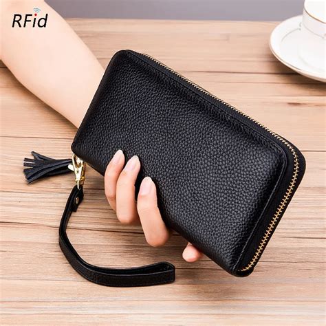 RFID Tassel Clutch Wallet Women Litchi Genuine Leather Solid Zipper ...