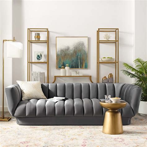 Entertain Grey Tufted Performance Velvet Sofa - Las Vegas Furniture Store | Modern Home ...