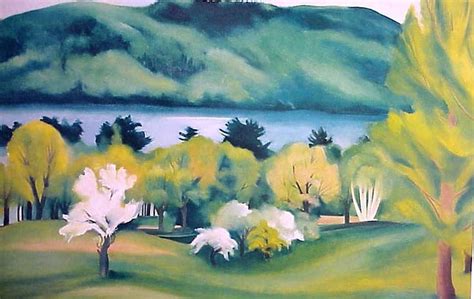 an oil painting of trees and mountains in the distance with water on the other side