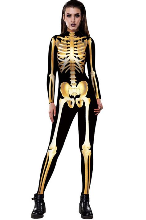 Superheroine Costume: ZHONGJI Halloween Jumpsuit Human Skull Skeleton Bone Bodysuit 3D Print ...