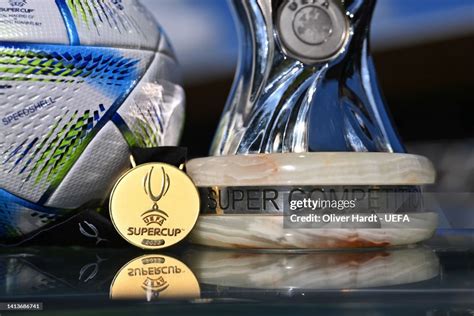 A general view of the UEFA Super Cup Trophy with the medal and the ...