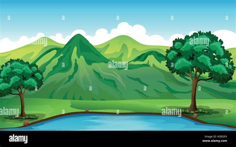 Background scene with green mountain and pond illustration Stock Vector ...