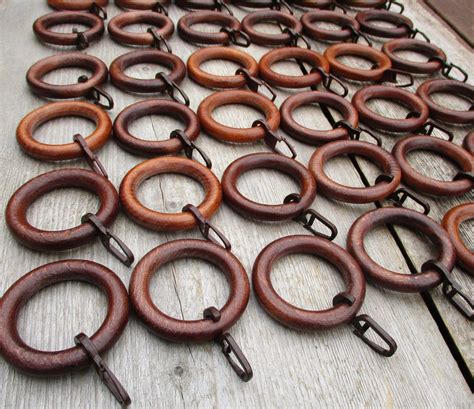 Vintage Curtain Rings, Wood Curtain Rings, 36 Dark Wooden Drapery Rings, Plastic Hooks, Curtain ...