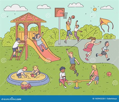 Childrens Playing Activity on Playground Sketch Cartoon Vector Illustration. Stock Vector ...