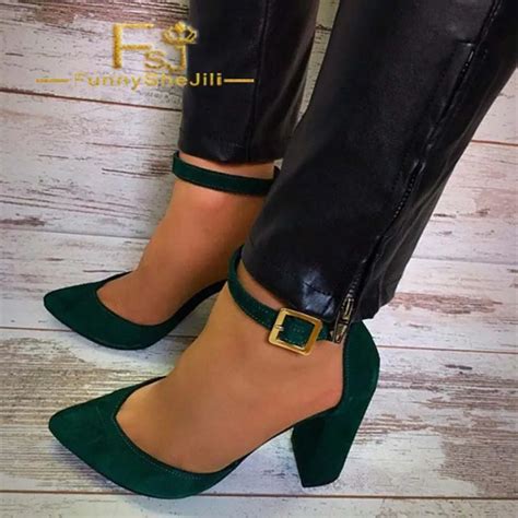 Women's Green Chunky Heels Ankle Strap Heels Pointed Toe Pumps Summer ...