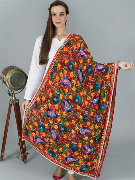 Phulkari Dupatta from Punjab with Crewel Embroidery and Sequins ...