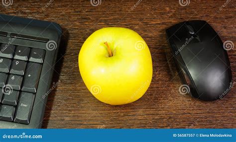 Composition with Green Apple, Mouse and Keyboard Stock Image - Image of ...