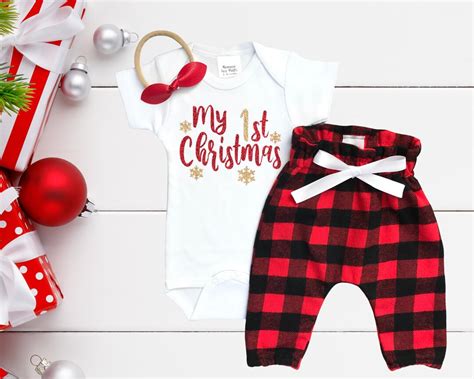 My First Christmas 1st Christmas Outfit Baby Girls Bodysuit Red / Black Checkered Pants Red Bow ...