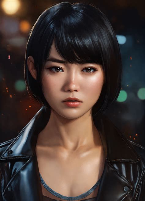 Lexica - Digital portrait of a grumpy Asian woman with short straight shiny black hair, in black ...