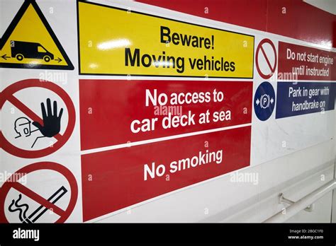 warning signs on vehicle deck on board the new stena edda ferry on the ...