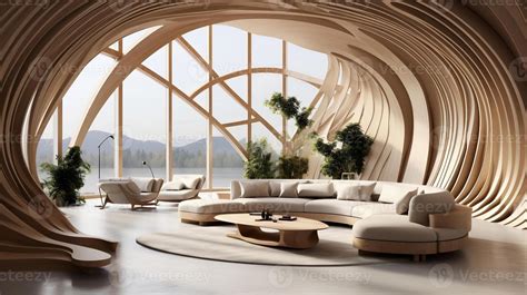 The interior design of the modern living room with abstract wooden arched ceiling and wall with ...