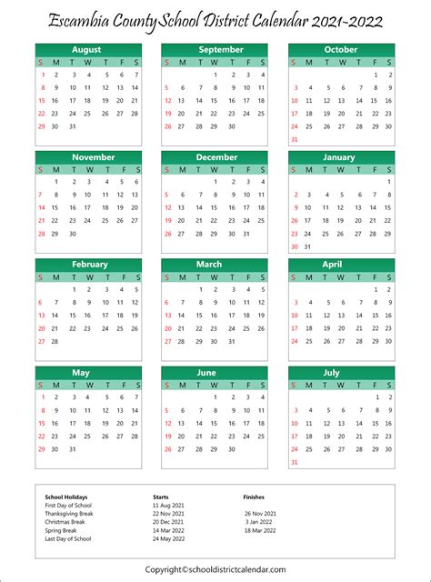 Escambia County School District Calendar Holidays 2021-2022