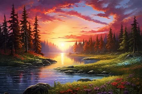 Premium AI Image | A sunset over a river with a sunset and trees in the background.