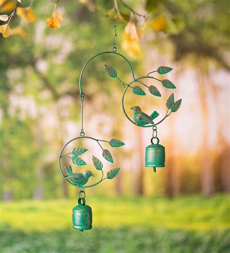 Metal Birds and Bells Wind Chime with Green Over Gold Patina-Like Finish | Wind and Weather